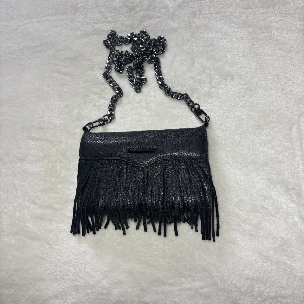 Rebecca Minkoff Black Fringe Crossbody Bag | Leather Chain Strap Boho Festival - Picture 2 of 7